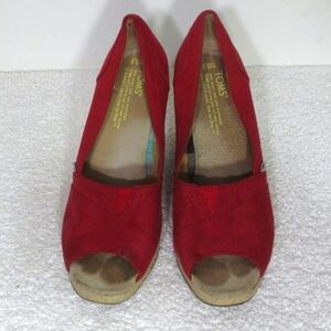 Toms Michelle Shoes Red Classic Canvas Espadrille Peep Toe 3 inch Wedge Size 5.5